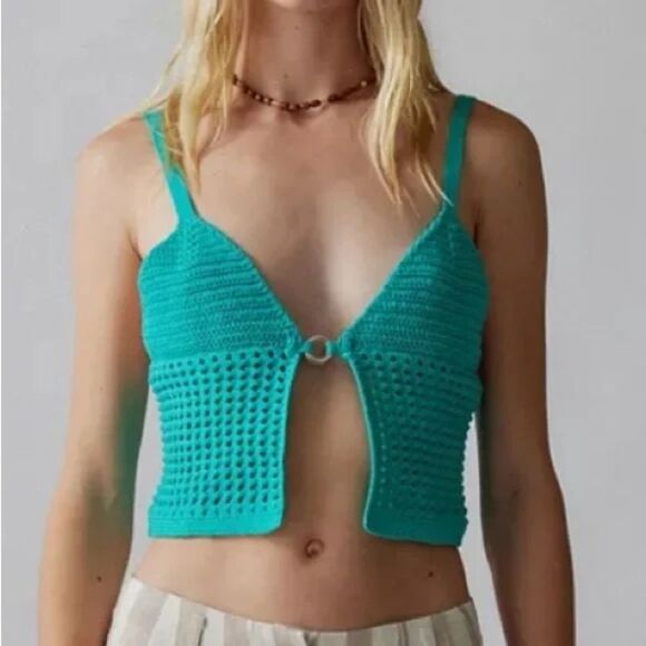 NWT Urban Outfitters Blue Crochet Beach Boho Summer Mermaid Woven Coverup Top M - Picture 1 of 6